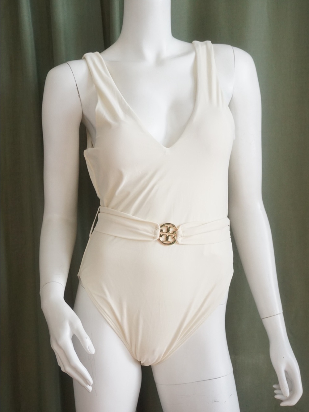 Tory Burch One Piece “Miller” Plunge White Logo Belted Swimsuit NWT - Size Large